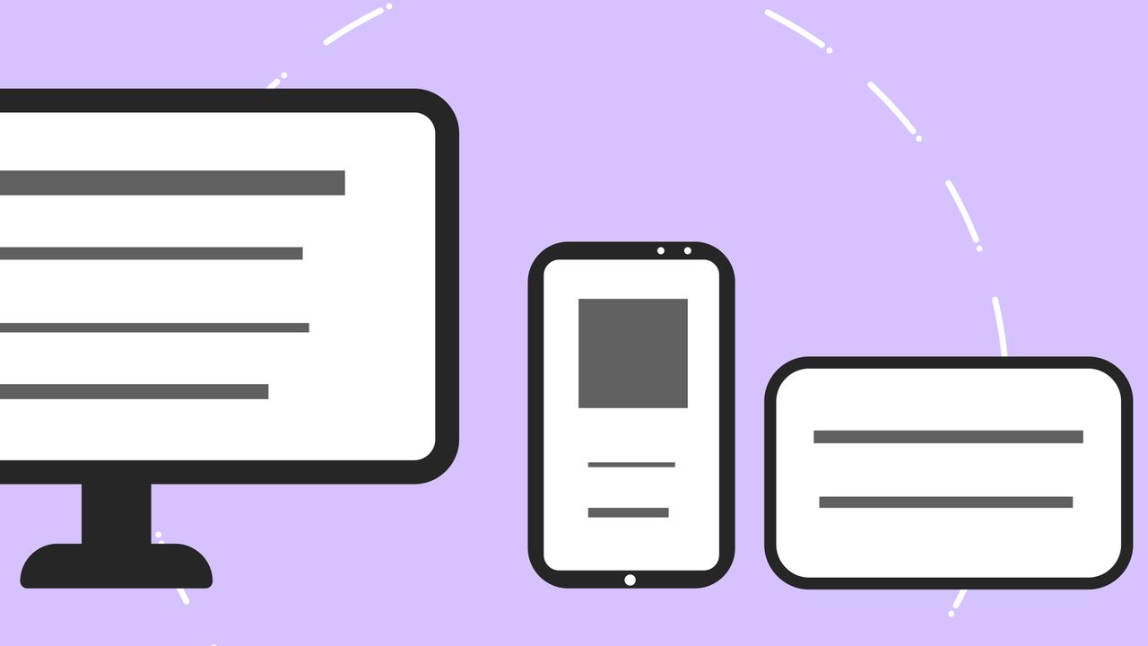 Icônes vectorielles montrant un téléphone moderne près d’un écran d’ordinateur et d’une carte bancaire, avec des lignes grises sur fond violet.